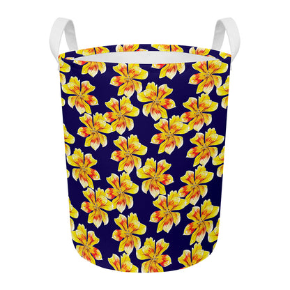 Yellow Watercolor Lily Pattern Print Round Laundry Basket