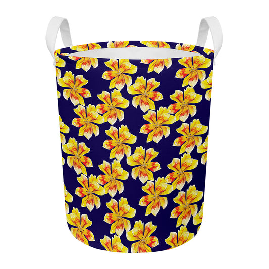 Yellow Watercolor Lily Pattern Print Round Laundry Basket