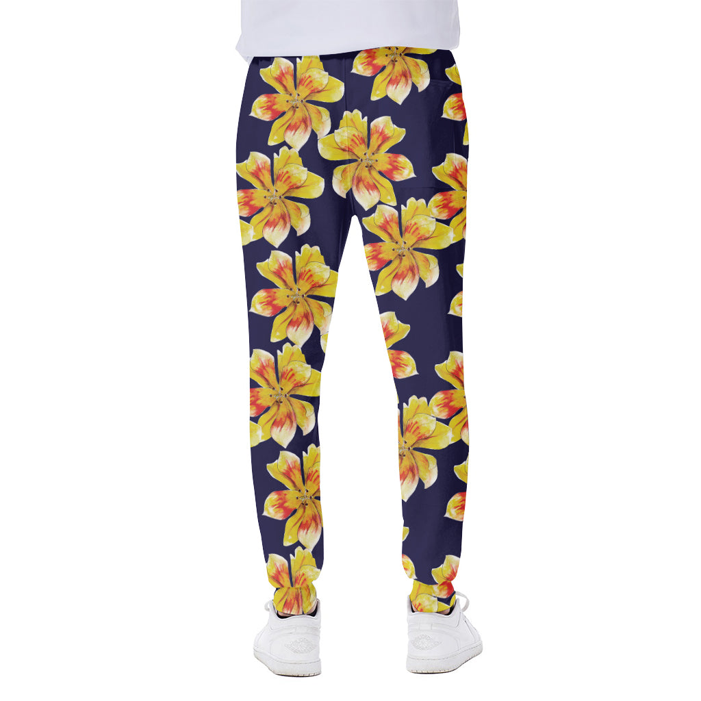 Yellow Watercolor Lily Pattern Print Scuba Joggers