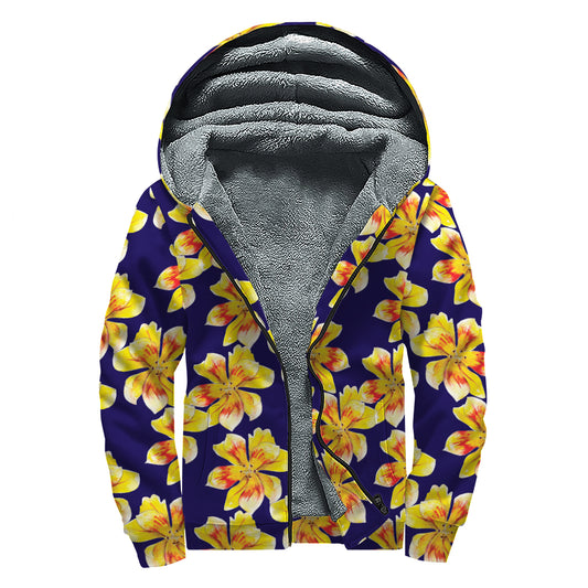 Yellow Watercolor Lily Pattern Print Sherpa Lined Zip Up Hoodie
