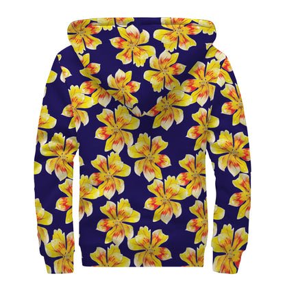 Yellow Watercolor Lily Pattern Print Sherpa Lined Zip Up Hoodie