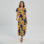 Yellow Watercolor Lily Pattern Print Short Sleeve Maxi Dress