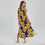 Yellow Watercolor Lily Pattern Print Short Sleeve Maxi Dress