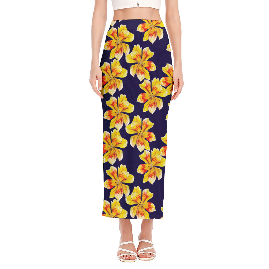 Yellow Watercolor Lily Pattern Print Side Slit Maxi Skirt