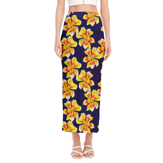 Yellow Watercolor Lily Pattern Print Side Slit Maxi Skirt