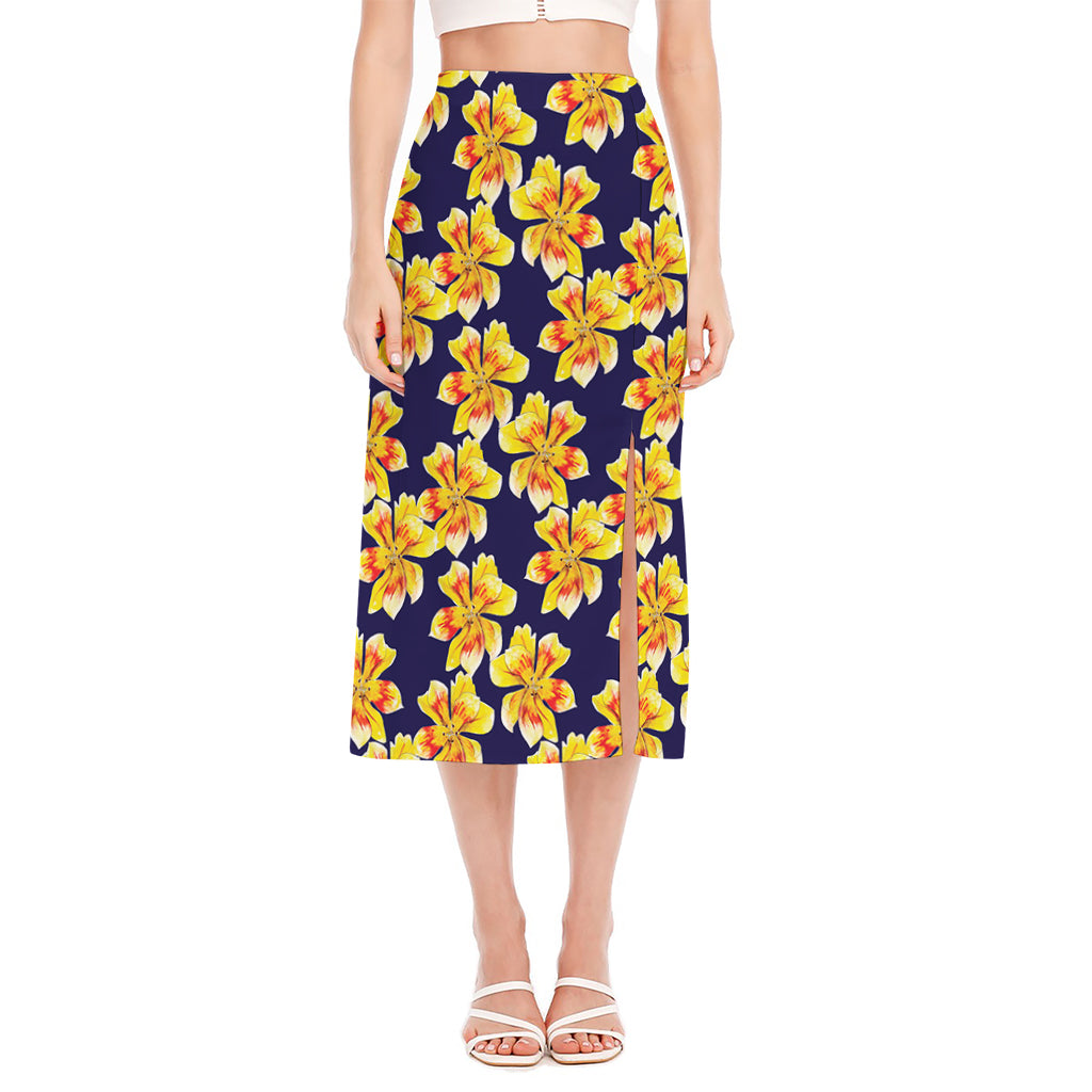 Yellow Watercolor Lily Pattern Print Side Slit Midi Skirt