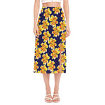 Yellow Watercolor Lily Pattern Print Side Slit Midi Skirt