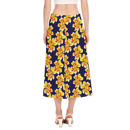 Yellow Watercolor Lily Pattern Print Side Slit Midi Skirt