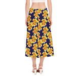 Yellow Watercolor Lily Pattern Print Side Slit Midi Skirt