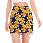 Yellow Watercolor Lily Pattern Print Side Slit Mini Skirt