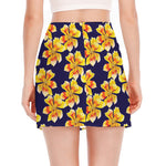 Yellow Watercolor Lily Pattern Print Side Slit Mini Skirt
