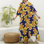 Yellow Watercolor Lily Pattern Print Silk V-Neck Kaftan Dress