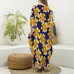 Yellow Watercolor Lily Pattern Print Silk V-Neck Kaftan Dress