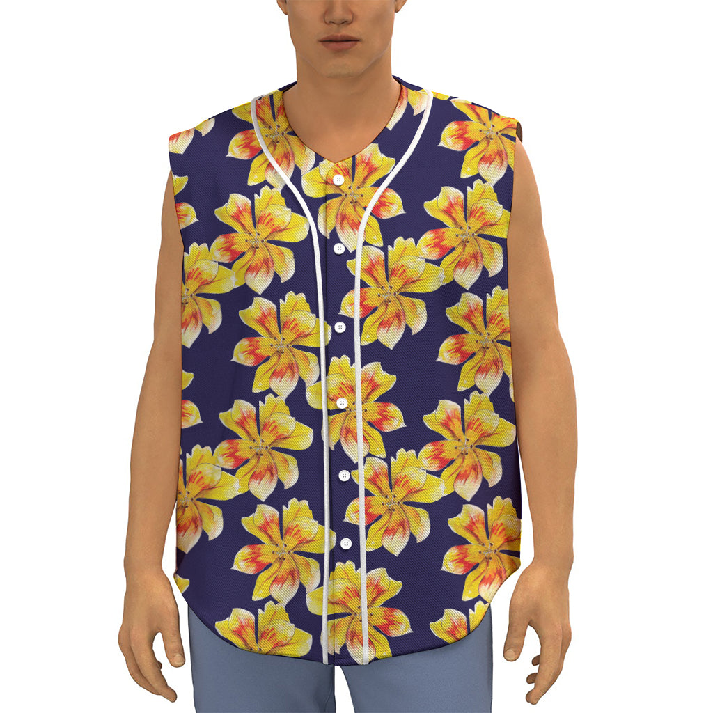 Yellow Watercolor Lily Pattern Print Sleeveless Baseball Jersey