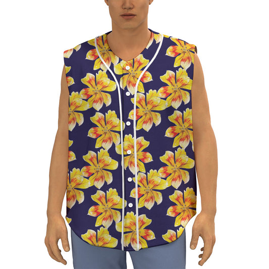 Yellow Watercolor Lily Pattern Print Sleeveless Baseball Jersey