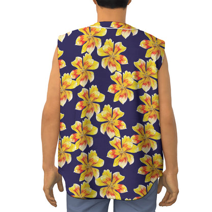 Yellow Watercolor Lily Pattern Print Sleeveless Baseball Jersey