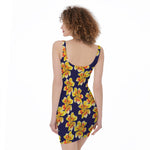 Yellow Watercolor Lily Pattern Print Sleeveless Bodycon Dress