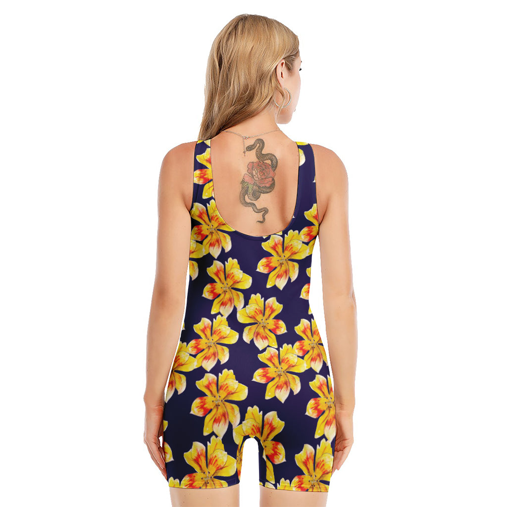 Yellow Watercolor Lily Pattern Print Sleeveless One Piece Swimsuit