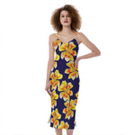 Yellow Watercolor Lily Pattern Print Slim Fit Midi Cami Dress
