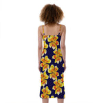 Yellow Watercolor Lily Pattern Print Slim Fit Midi Cami Dress