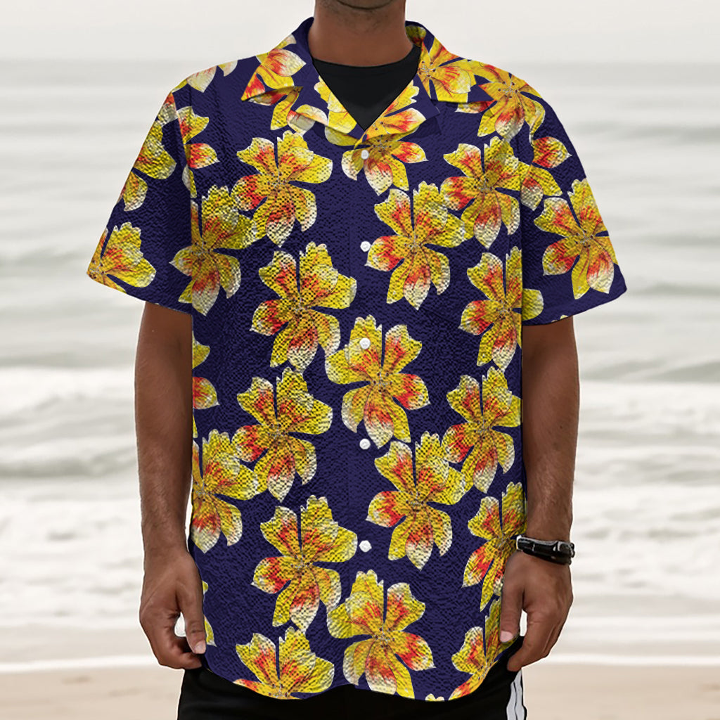 Yellow Watercolor Lily Pattern Print Textured Short Sleeve Shirt