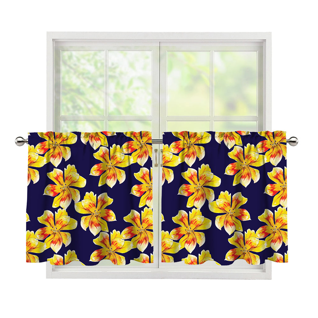 Yellow Watercolor Lily Pattern Print Tier Curtains