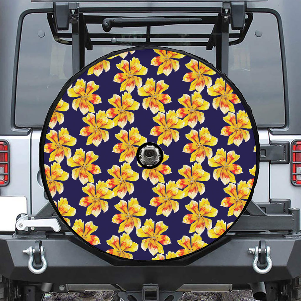 Yellow Watercolor Lily Pattern Print Tire Cover With Camera Hole