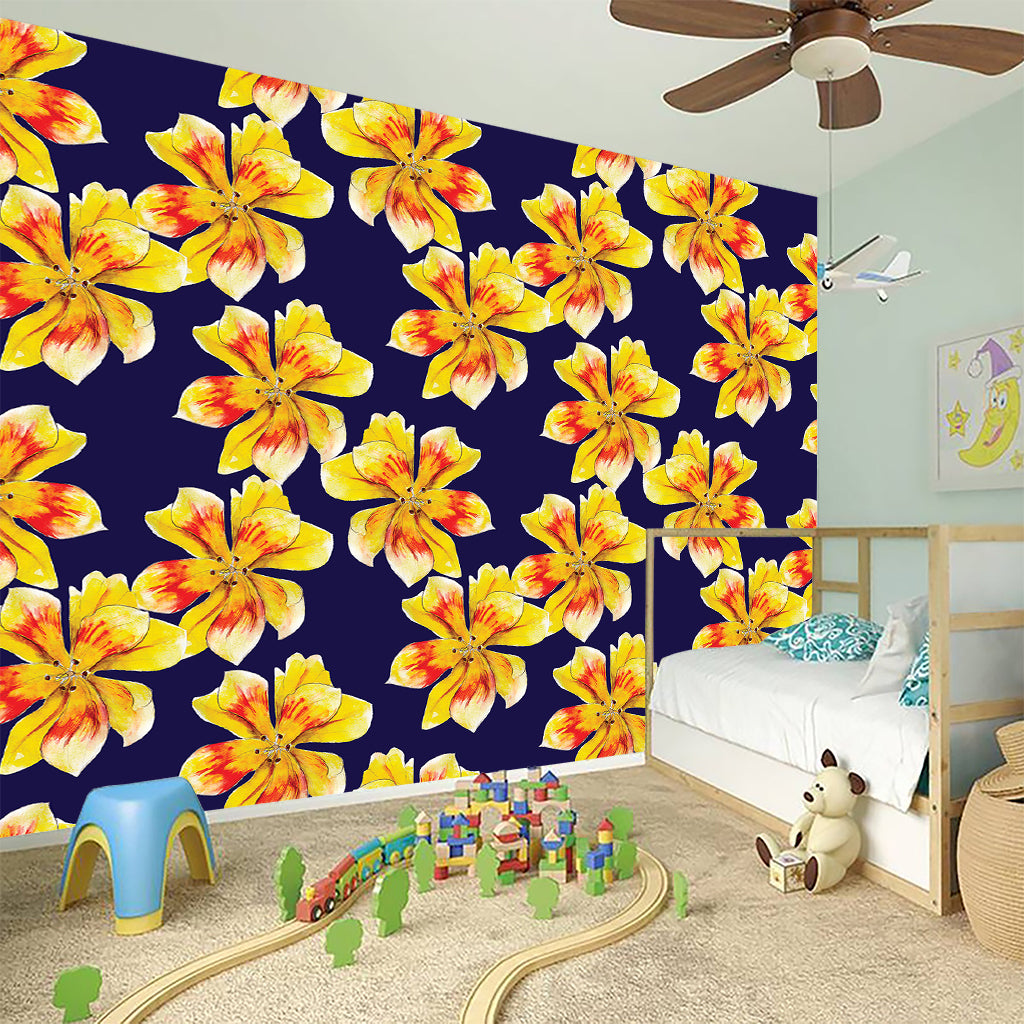 Yellow Watercolor Lily Pattern Print Wall Sticker