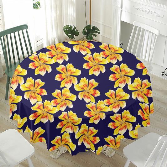 Yellow Watercolor Lily Pattern Print Waterproof Round Tablecloth