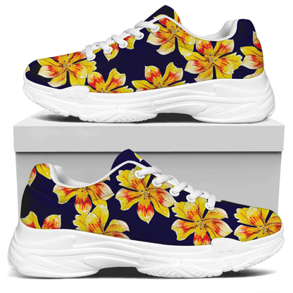 Yellow Watercolor Lily Pattern Print White Chunky Shoes