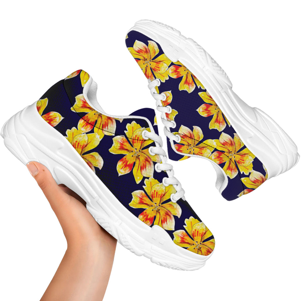 Yellow Watercolor Lily Pattern Print White Chunky Shoes