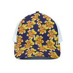 Yellow Watercolor Lily Pattern Print White Mesh Trucker Cap