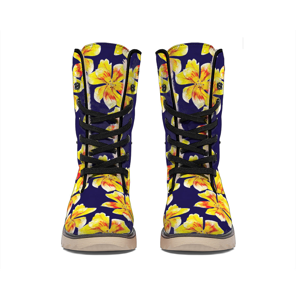 Yellow Watercolor Lily Pattern Print Winter Boots