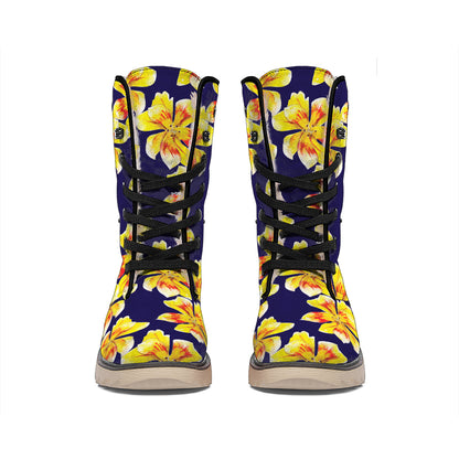 Yellow Watercolor Lily Pattern Print Winter Boots
