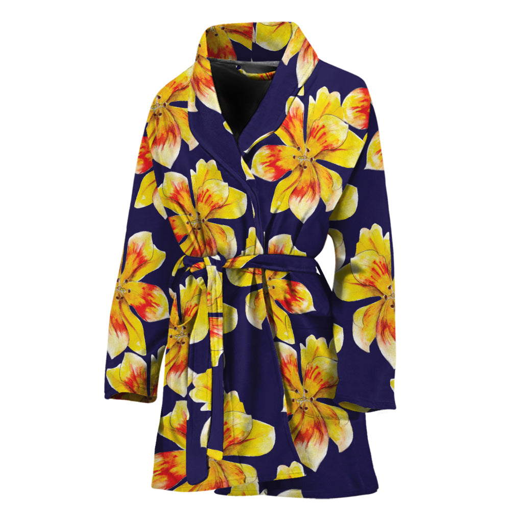 Yellow Watercolor Lily Pattern Print Women's Bathrobe