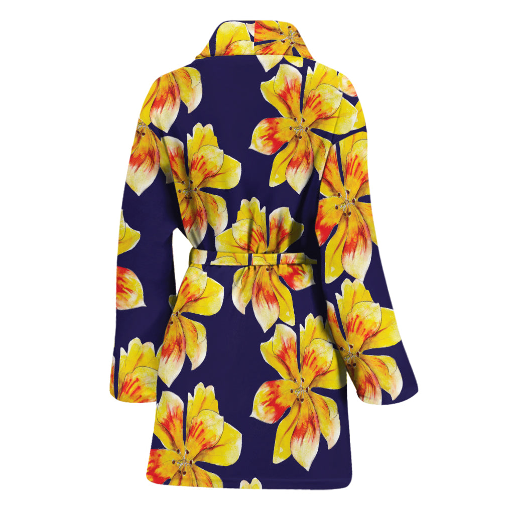 Yellow Watercolor Lily Pattern Print Women's Bathrobe