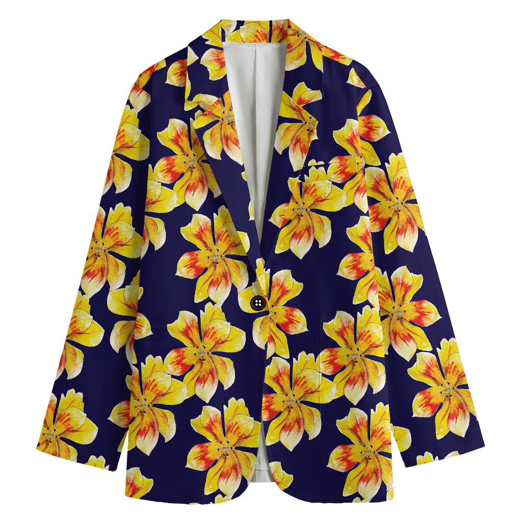 Yellow Watercolor Lily Pattern Print Women's Cotton Blazer