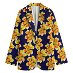 Yellow Watercolor Lily Pattern Print Women's Cotton Blazer