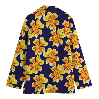 Yellow Watercolor Lily Pattern Print Women's Cotton Blazer