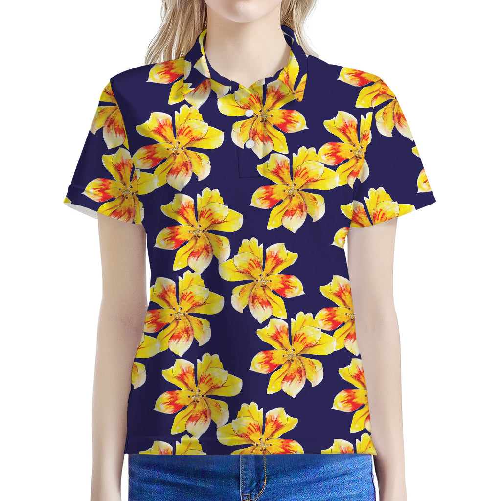 Yellow Watercolor Lily Pattern Print Women's Polo Shirt