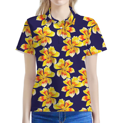 Yellow Watercolor Lily Pattern Print Women's Polo Shirt