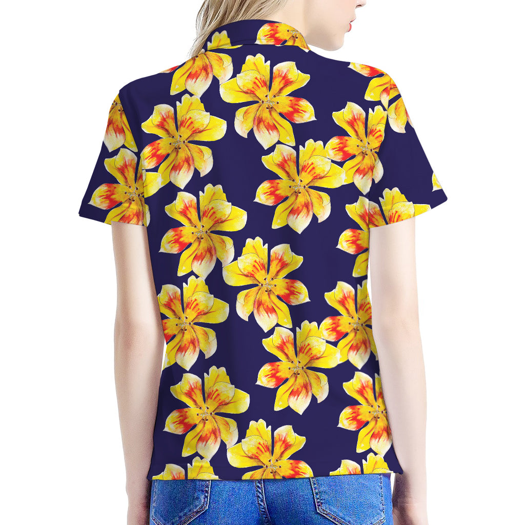 Yellow Watercolor Lily Pattern Print Women's Polo Shirt
