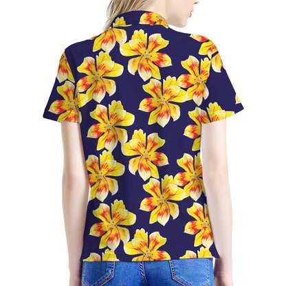 Yellow Watercolor Lily Pattern Print Women's Polo Shirt