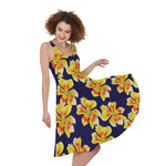 Yellow Watercolor Lily Pattern Print Women's Sleeveless Dress