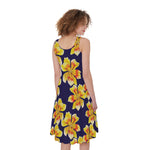 Yellow Watercolor Lily Pattern Print Women's Sleeveless Dress