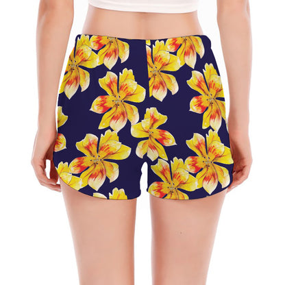 Yellow Watercolor Lily Pattern Print Women's Split Running Shorts