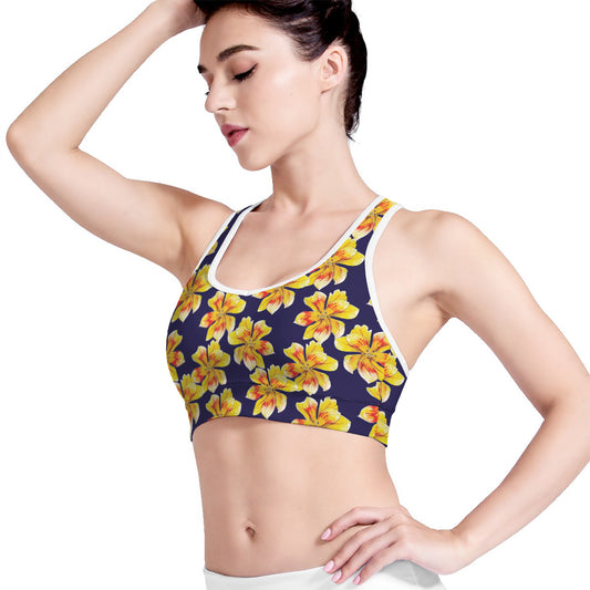 Yellow Watercolor Lily Pattern Print Women's Sports Bra