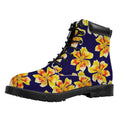 Yellow Watercolor Lily Pattern Print Padded Collar Lace Up Boots
