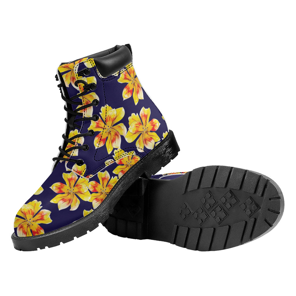 Yellow Watercolor Lily Pattern Print Work Boots