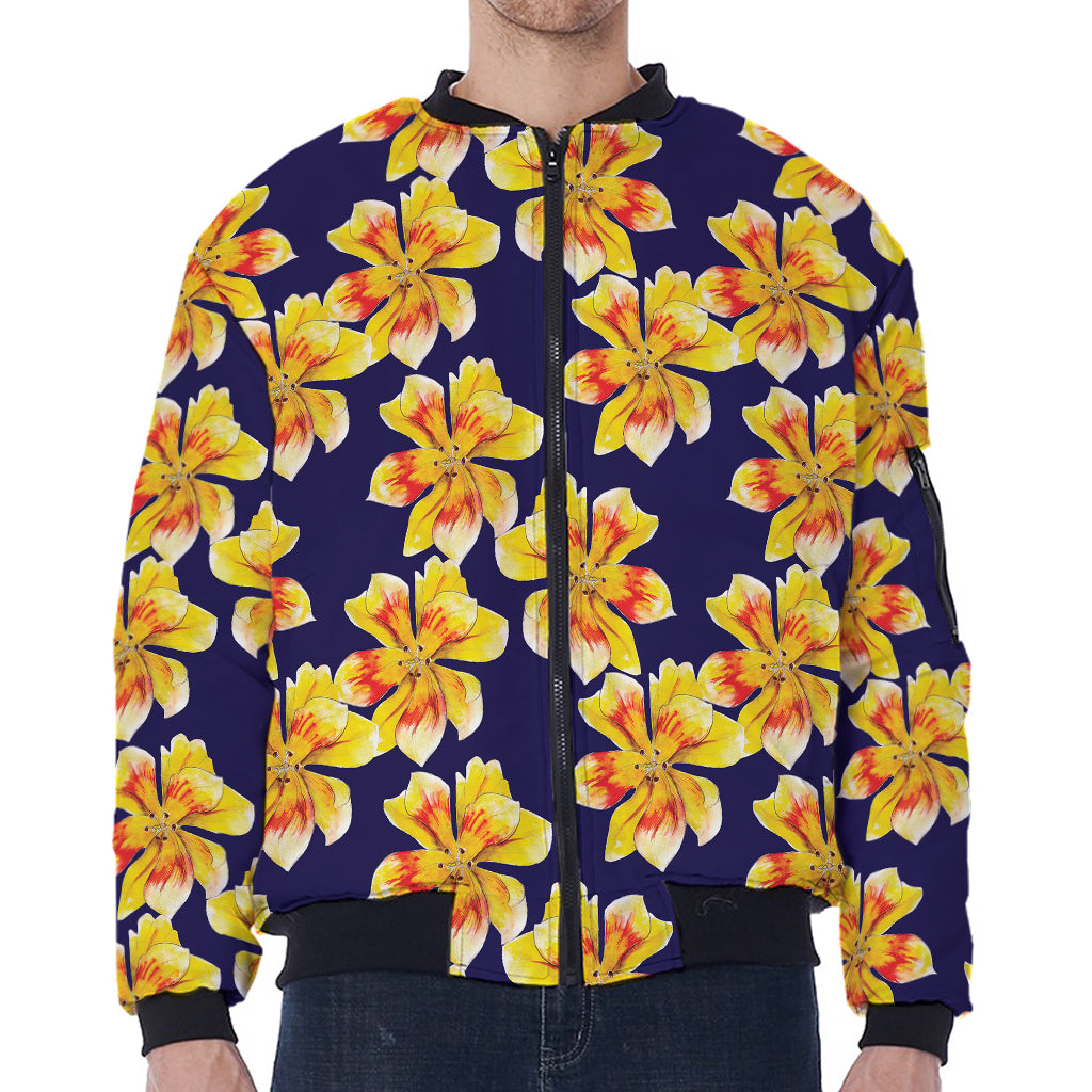 Yellow Watercolor Lily Pattern Print Zip Sleeve Bomber Jacket